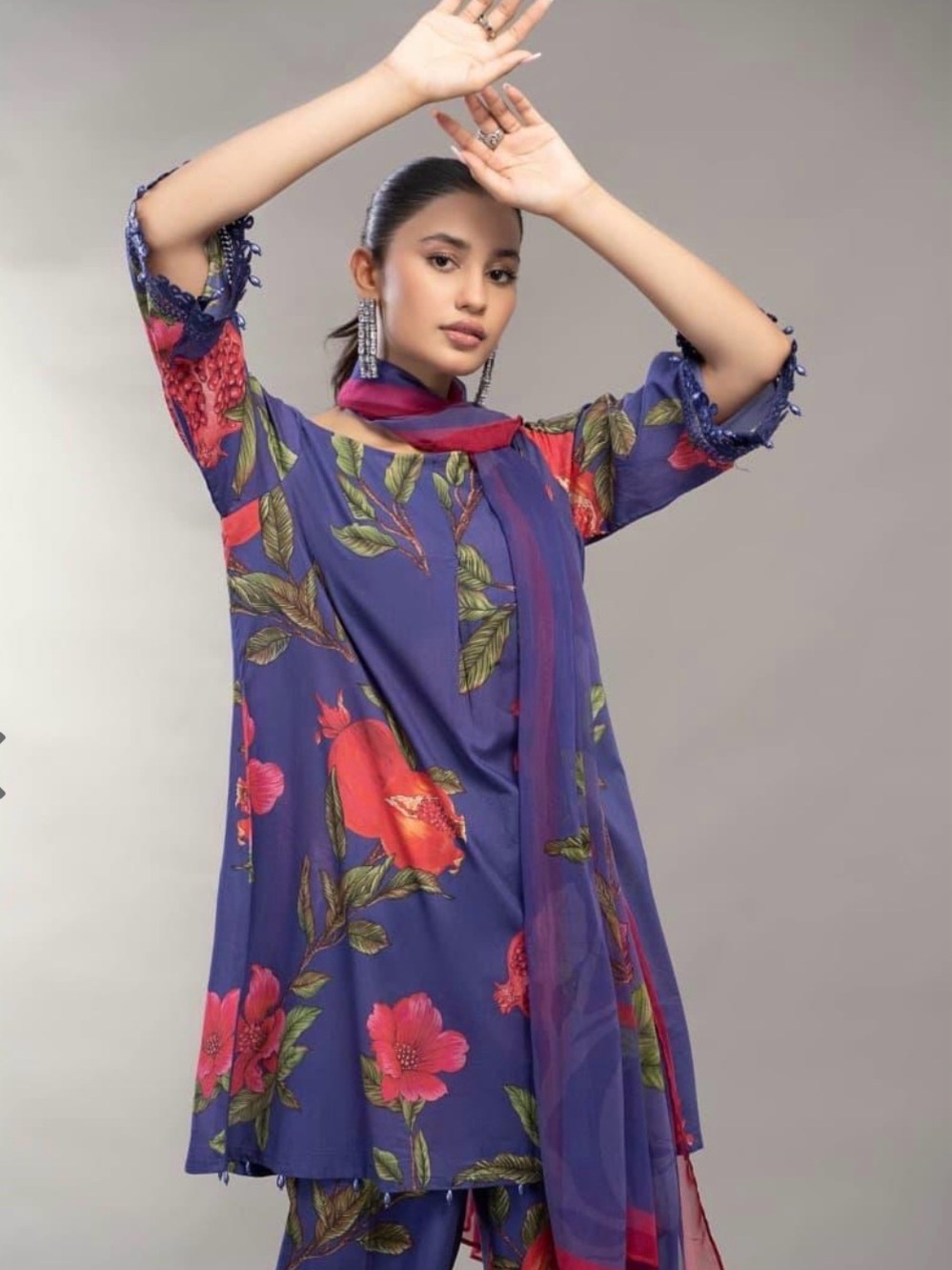 Maria B Purple pink pomegranate floral Tunic Bead Detail Top